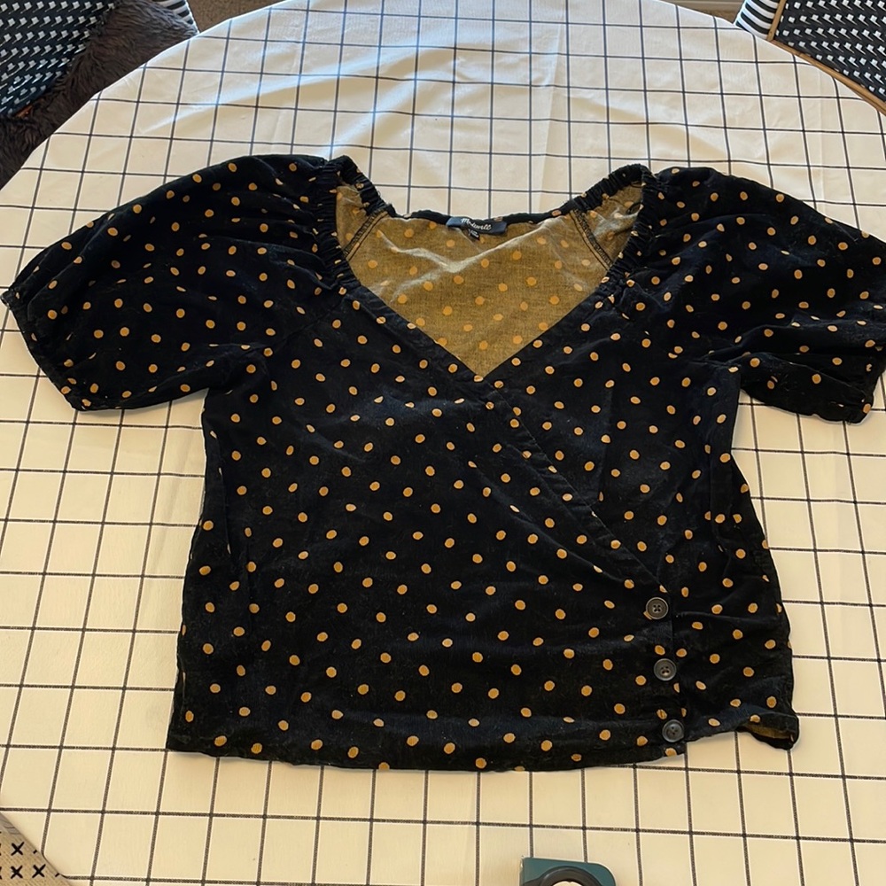 Madewell Corduroy Puff-Sleeve Wrap Top in Oval Dot